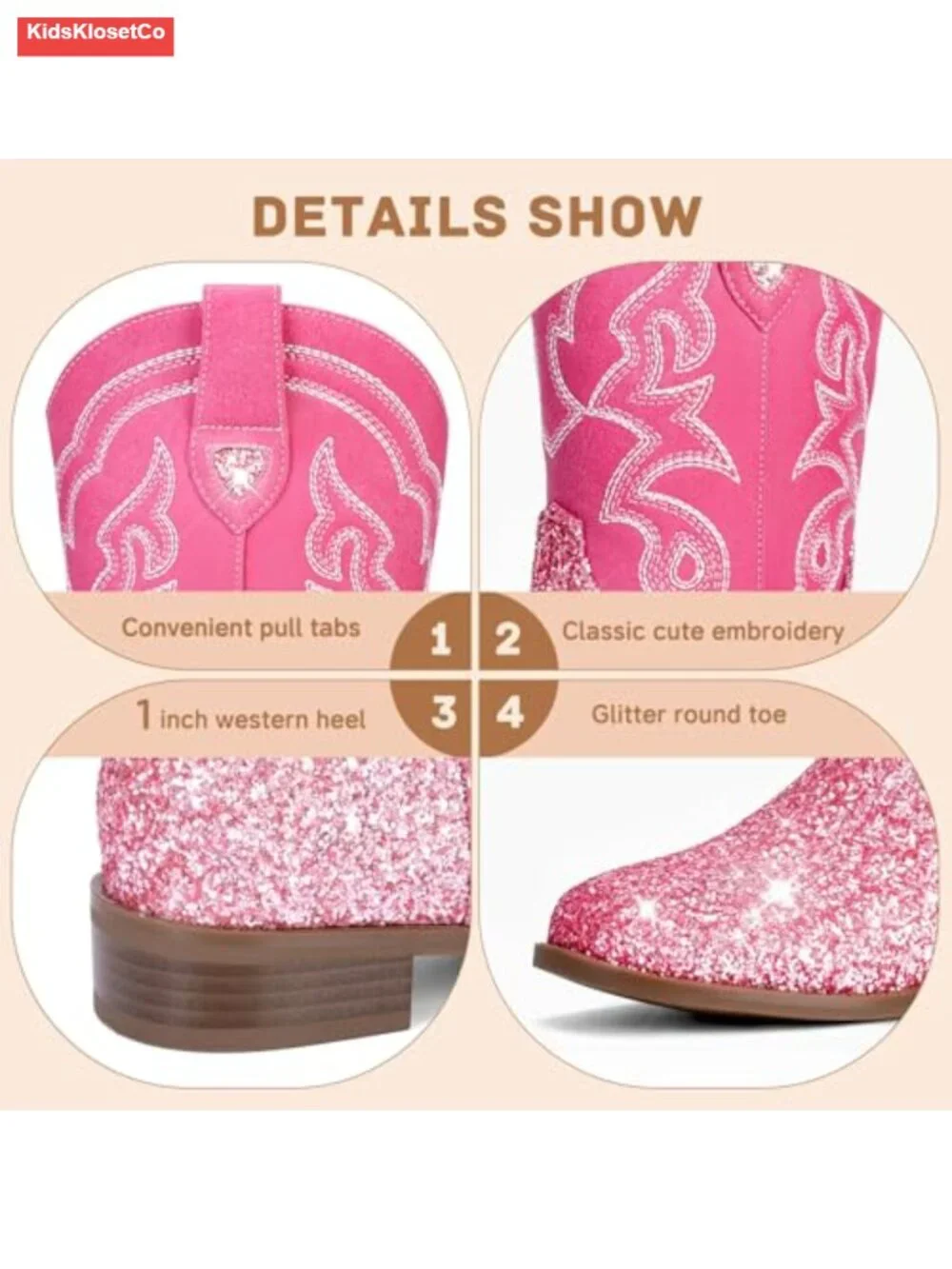Girls Boys Unisex Western Cowboy Boots Glitter Embroidered Mid Calf Riding